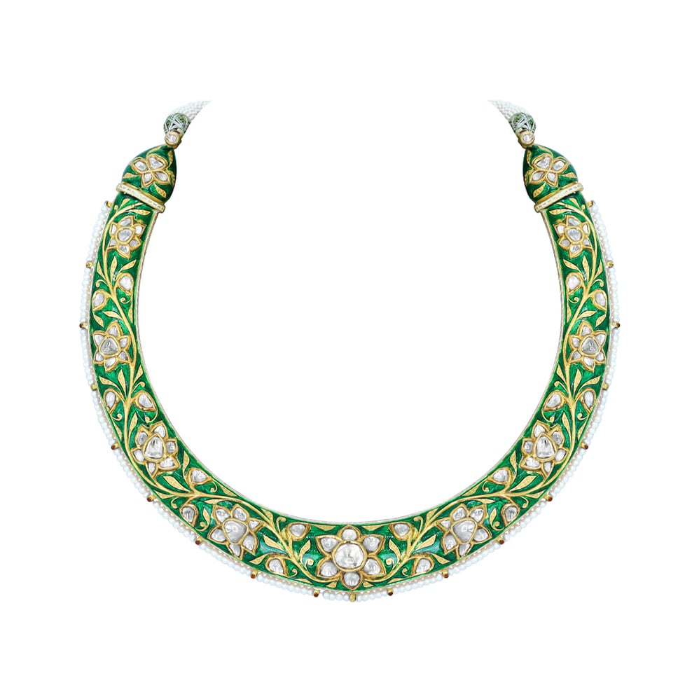 Green Enamel Hasli with Polki Diamonds and Pearl Accents